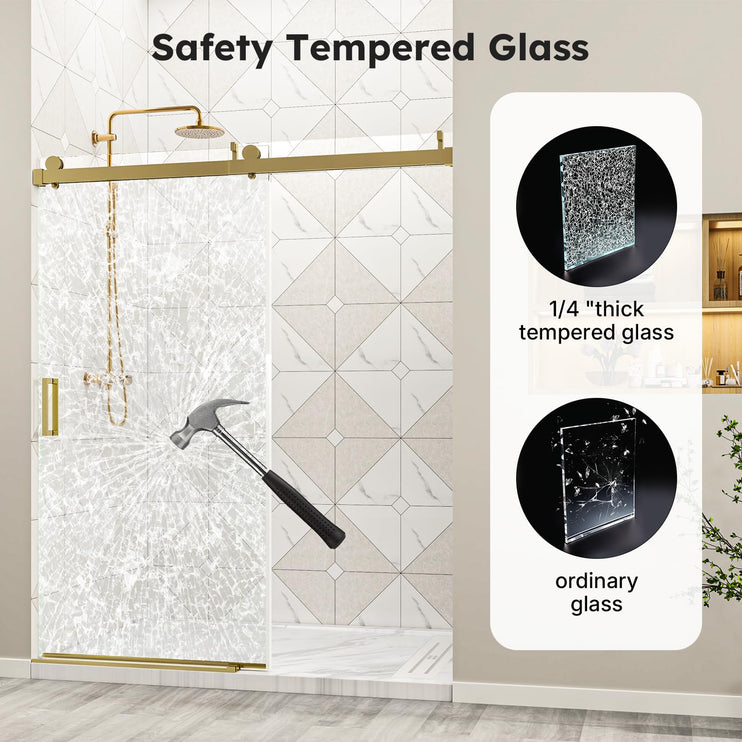 56"-60" W x 76" H Frameless Shower Door, Sliding Shower Door with 1/4" (6mm) Clear Tempered Glass, Silent Soft-Close Shatterproof Shower Doors, Reversible Installation, Aluminum, Gold