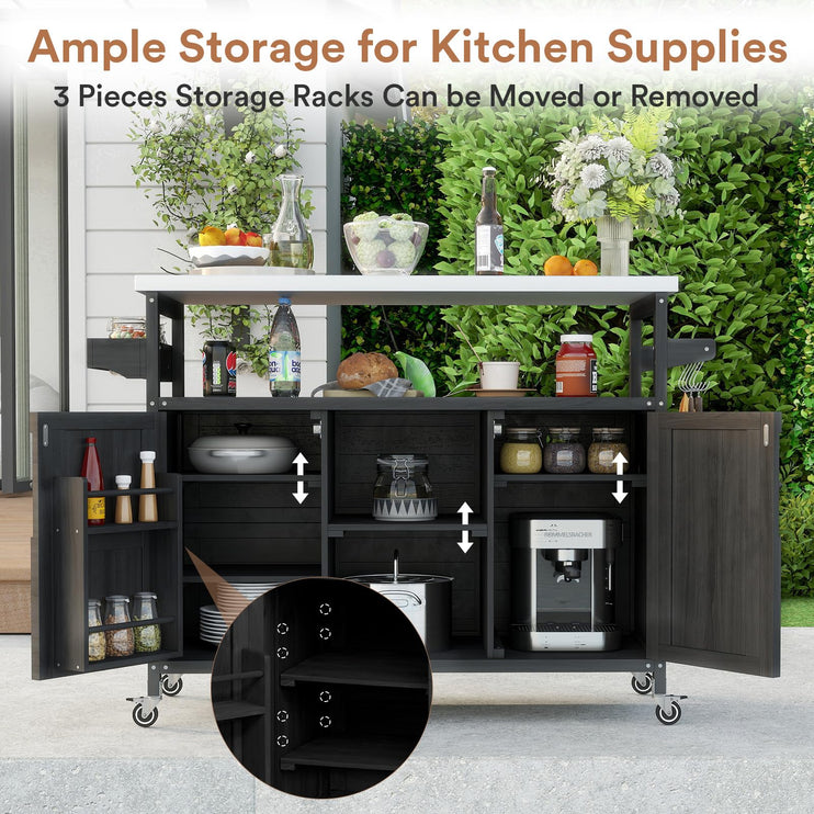 Outdoor Grill Cart, Stainless Steel Tabletop Outdoor Kitchen Island, Solid Wood Outdoor Buffet Cabinet with Lockable Wheels for Grilling, Black
