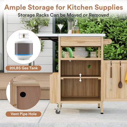 Outdoor Grill Cart with Drop Leaf, Stainless Steel Tabletop Outdoor Kitchen Island, Solid Wood Outdoor Buffet Cabinet with Drawer, Towel Rack, Lockable Wheels for Grilling, Brown/Light Wood Color/Gray-blue