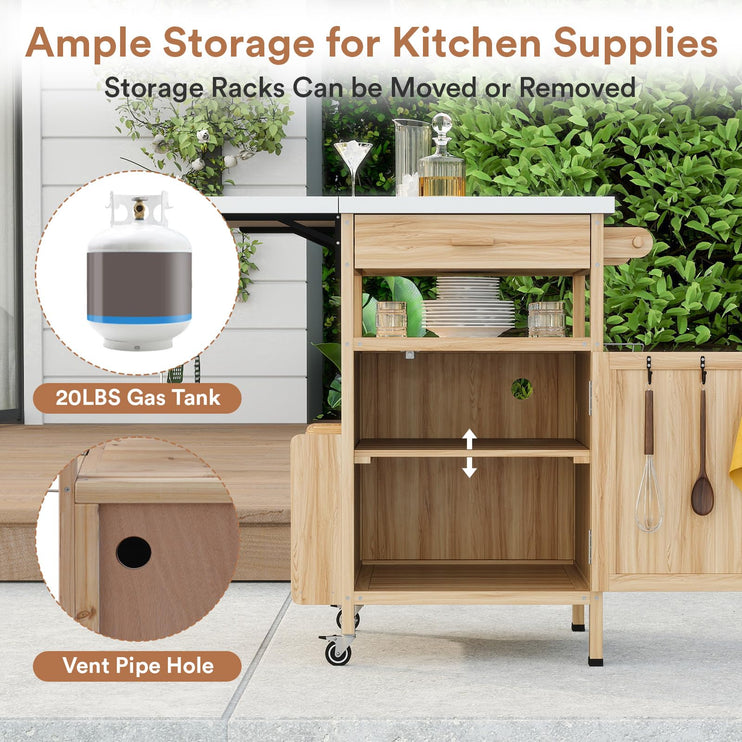 Outdoor Grill Cart with Drop Leaf, Stainless Steel Tabletop Outdoor Kitchen Island, Solid Wood Outdoor Buffet Cabinet with Drawer, Towel Rack, Lockable Wheels for Grilling, Brown/Light Wood Color/Gray-blue