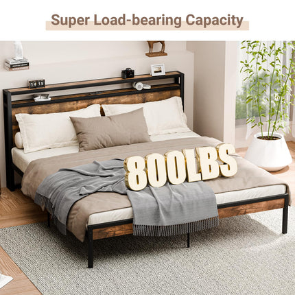 King Size Bed Frame with Headboard, Headboard with Charging Station, 2 USB Port & 2 AC Power Outlet, King Metal Platfrom Bed Frames No Box Spring Needed, Sturdy & Assembly, Brown