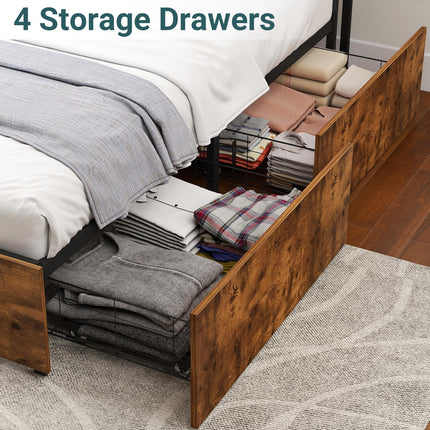 Queen Bed Frame with 4 Storage Drawers, Wooden Headboard with Charging Station & Adjustable LED Lights, Large Under-Bed Space, Queen Metal Platform Bed Base, No Box Spring Needed, Brown