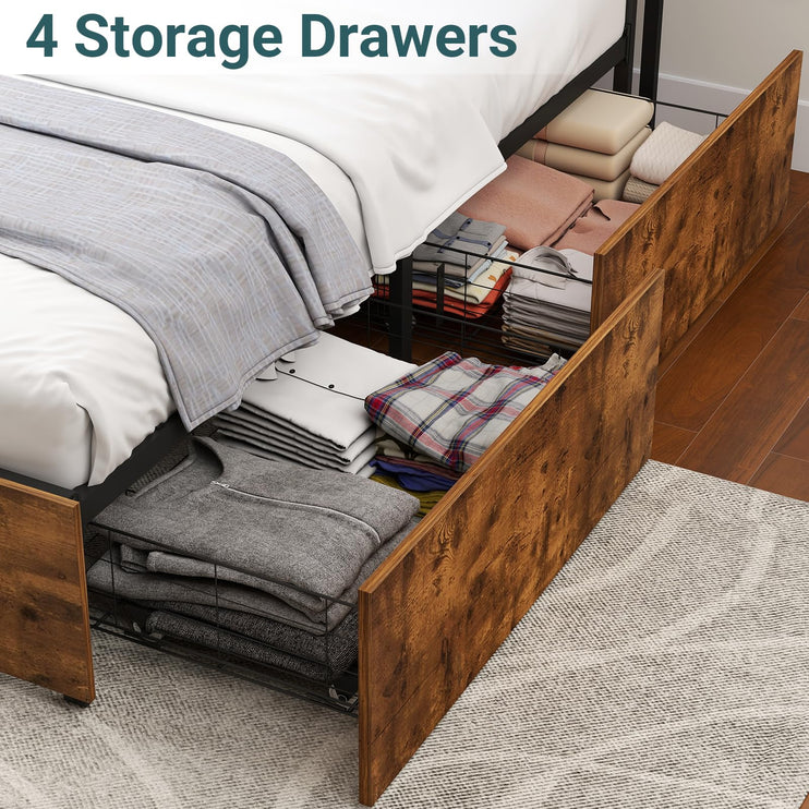 Queen Bed Frame with 4 Storage Drawers, Wooden Headboard with Charging Station & Adjustable LED Lights, Large Under-Bed Space, Queen Metal Platform Bed Base, No Box Spring Needed, Brown