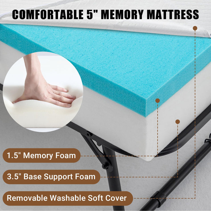 Folding Bed with 5" Mattress for Adults Portable Rollaway Bedframe for Guests, Strong Metal Frame 75” x 39” Black Gray