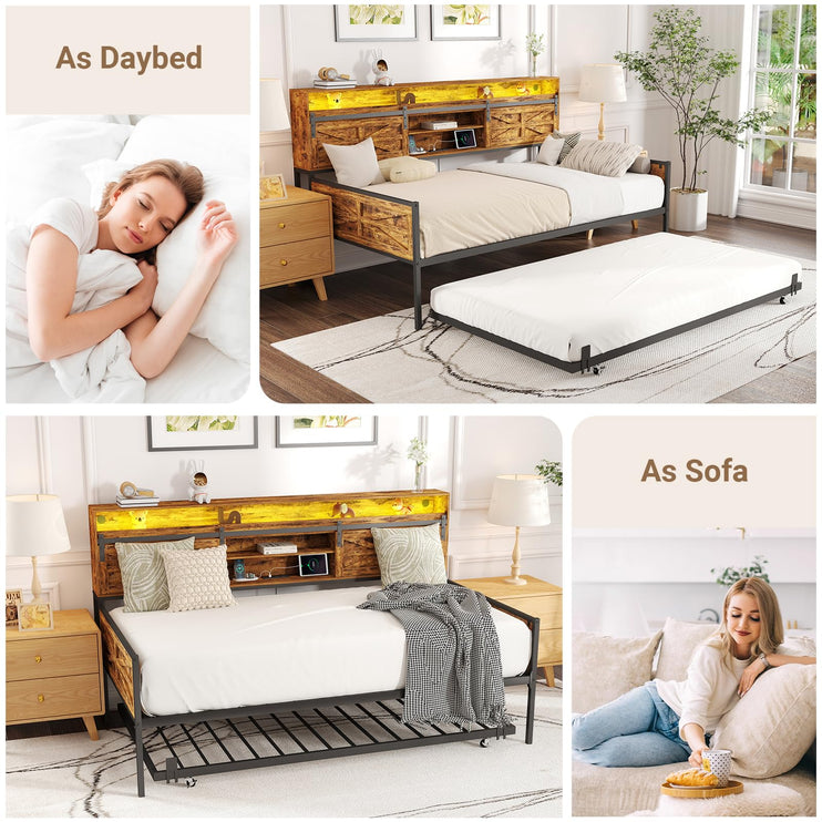 Twin Daybed with Trundle Bed, Rustic Farmhouse Daybed Frame with Sliding Barn Door Headboard LED Lights and Charging Station, Heavy Duty Metal Daybed for Bedroom Living Room Guest Room Brown