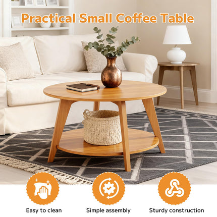 Round Coffee Table, 31.5" Small Coffee Table with Storage Shelf, 2-Tier Circle Wood Rustic Center Table, Farmhouse Style Small Coffee Tables for Living Room, Apartment, Walnut