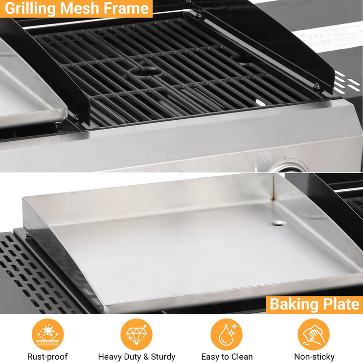 4 Burner Gas Grill and Griddle Combo with Foldable Side Table, Wheels, Stainless Steel Burners, Hooks, 38,240 BTU Gas Grill for Patio, Garden Barbecues