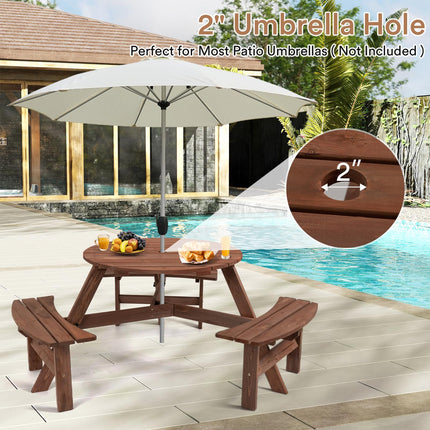 6 Person Wood Picnic Table, Round Tabletop with Umbrella Hole, 3 Built-in Curved Benches, 1720LBS Total Capacity for Patios, Backyard, Brown
