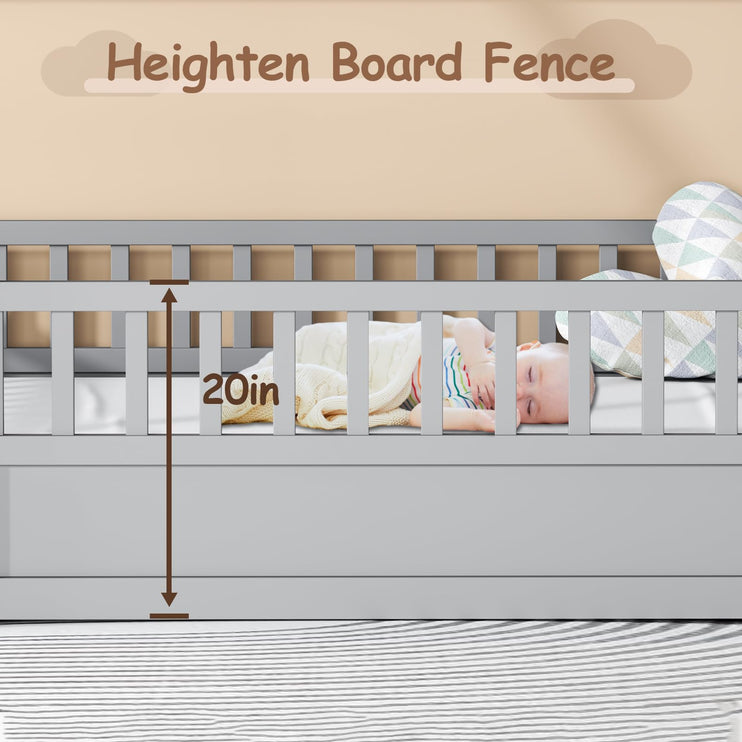 Twin House Bed for Kids, Wooden Montessori Bed with Fence and Roof for Toddlers, Kids Floor Bed Frame for Girls & Boys, Twin Grey