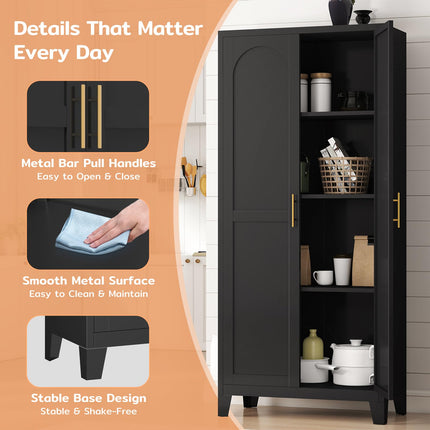 61" H Metal Kitchen Pantry Cabinet, Freestanding Cupboard with 2 Doors and 3 Adjustable Shelves, Tall Metal Storage Cabinet for Kitchen, Bathroom, Dinning Room or Laundry Room （Black）