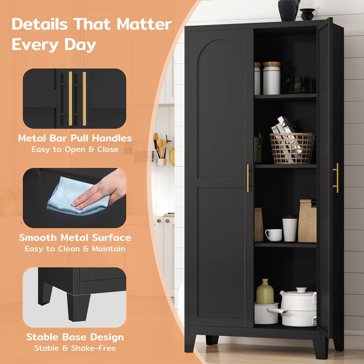 61" H Metal Kitchen Pantry Cabinet, Freestanding Cupboard with 2 Doors and 3 Adjustable Shelves, Tall Metal Storage Cabinet for Kitchen, Bathroom, Dinning Room or Laundry Room （Black）