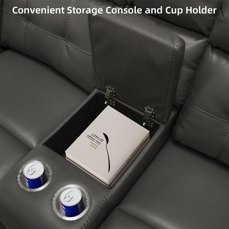 Power Leather Reclining Sofa with LED, Leather Couch with USB Port & Cup Holder/Storage Console for Living Room, Modern Power Recliner Sofa Sets with 2 Recliner Sectional, Brown