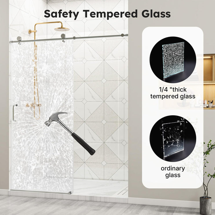 56"-60" W x 76" H Frameless Sliding Shower Door, Bathroom Sliding Door with 1/4'' Tempered Glass, Explosion-Proof Film, Silent Soft-Close Shower Door, Stainless Steel Handle, Brushed Nickel