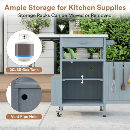 Outdoor Grill Cart with Drop Leaf, Stainless Steel Tabletop Outdoor Kitchen Island, Solid Wood Outdoor Buffet Cabinet with Drawer, Towel Rack, Lockable Wheels for Grilling, Brown/Light Wood Color/Gray-blue