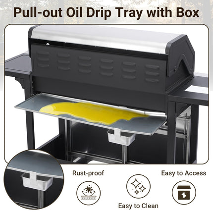 7 Burner Gas Grill with Side Burner, Dual-sided Frying Plate, Thermometer, Wheels, Side Tables, Stainless Steel Burner, 65,910 BTU Outdoor Grill for Patio, Garden, Balcony