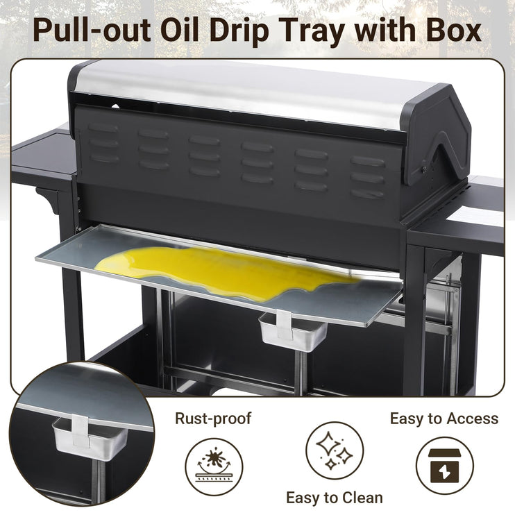 7 Burner Gas Grill with Side Burner, Dual-sided Frying Plate, Thermometer, Wheels, Side Tables, Stainless Steel Burner, 65,910 BTU Outdoor Grill for Patio, Garden, Balcony