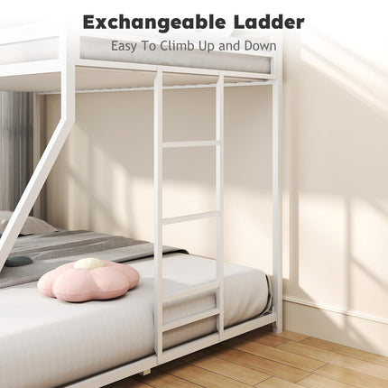 Twin Over Full Bunk Bed, Metal Low Profile Bunkbeds with Full-Length Guardrail and Ladder, Space Saving, No Boxing Spring Needed, White