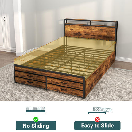 Full Bed Frame with 8 Storage Drawers, Full Metal Bed Frame with LED Light and Charging Station, Heavy Duty Metal Slats, No Box Spring Needed, Rustic Brown