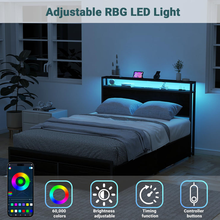 Queen Bed Frames with Headboard, Queen Size Storage Bed Frame with 8 Drawers, Built-in Charging Ports & Outlets, Adjustable Atmospheric LED Lights, Queen-Size Metal Foundation Beds, Black