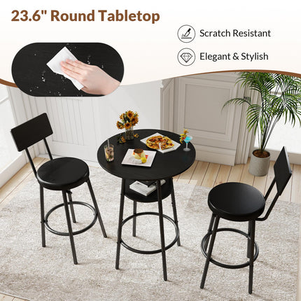 3 Pieces Round Bar Table Set, Small Dining Table for 2, Black Kitchen Bar Table, Breakfast Table with Storage, 2 Thickened Cushion Stools with Backrest for Dining Room & Bistro-Black