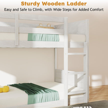 Wooden Bunk Bed Twin Over Twin, Low Bunk Bed, Solid Rubberwood Bed Frame with Built-in Ladder, Floor Bunk Bed for Bedroom, Space Saving, No Box Spring Needed, Antique White