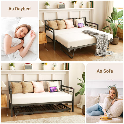 Twin Daybed with Pop Up Trundle, Metal Day Bed Frame with LED Lights and Charging Station, Day Bed with Trundle Bed Twin, Black Daybed for Living Room, Bedroom, Guest Room