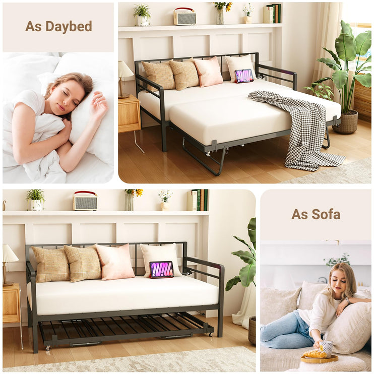 Twin Daybed with Pop Up Trundle, Metal Day Bed Frame with LED Lights and Charging Station, Day Bed with Trundle Bed Twin, Black Daybed for Living Room, Bedroom, Guest Room