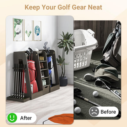 Wooden Golf Bag Organizer and Storage Rack, Golf Storage Organizer for Garage, Golf Bag storage Rack, Holds 2 Golf Bags and Other Golfing Equipment, Suitable for Garage Home Golf Club