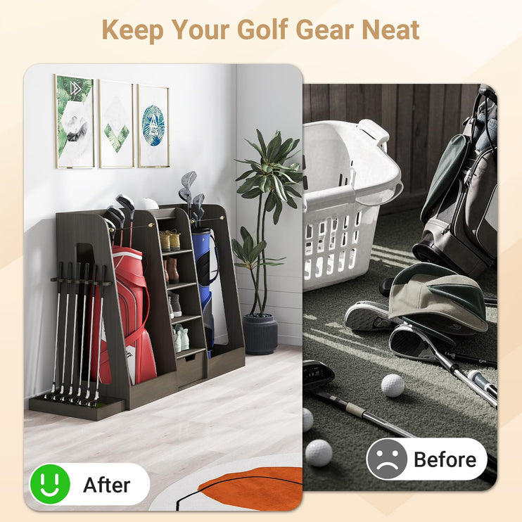 Wooden Golf Bag Organizer and Storage Rack, Golf Storage Organizer for Garage, Golf Bag storage Rack, Holds 2 Golf Bags and Other Golfing Equipment, Suitable for Garage Home Golf Club