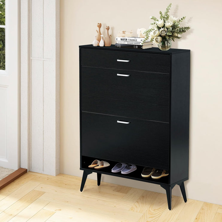 Black Shoe Cabinet with 2 Flip Drawers, Freestanding Shoe Storage Cabinet with Adjustable Shelf, Metal Legs for Entryway Hallway