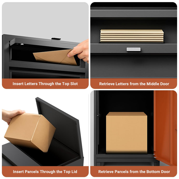 36.6'' Package Delivery Box for Outside, Anti-Theft Parcel Drop Box with Lock, Mail and Package Storage for Porch, Courtyard Entrance, Garage, or Apartment Door, Black and Brown