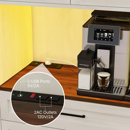 Kitchen Pantry Storage Cabinet with LED Lights and Charging Station, 71" Tall Kitchen Hutch Buffet Cabinet with Door Glass Holder and Drawers, Freestanding Wood Cupboard (Antique White)