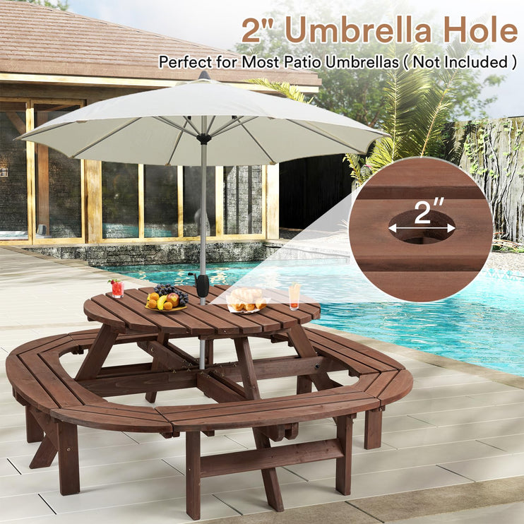 Wood Picnic Table for 10-12 People, Round Top with Umbrella Hole, 4 Built-in Curved Benches, 2220LBS Capacity for Patios & Backyards, Brown