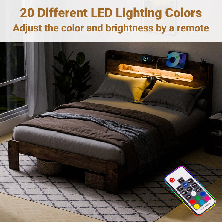 King Size Bed Frame Wood with Headboard, LED Light, Charging Station with 2 USB Ports & 2 AC Outlets, Durable Wooden Frame, No Noise, Rustic Brown (Arc Edge Rectangular Slot)
