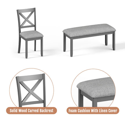 6-Piece Wooden Dining Table Set, Dining Table Set for 6, Including 1 Dining Table, 4 Upholstered Chairs and 1 Bench, Wooden Legs Dining Table, Table Set for Dining Room, Grey