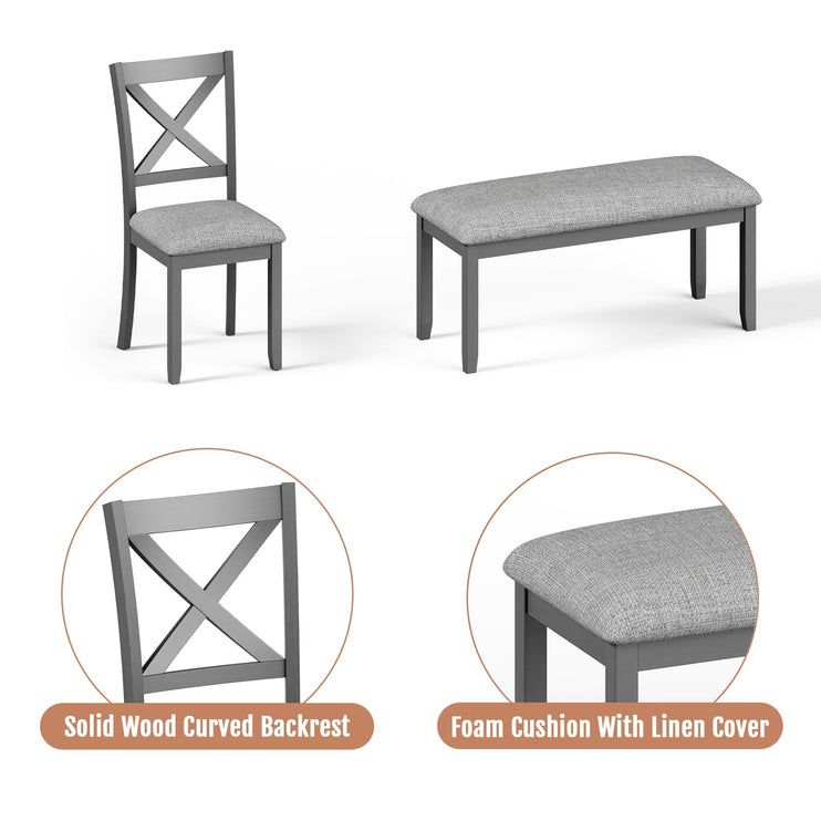 6-Piece Wooden Dining Table Set, Dining Table Set for 6, Including 1 Dining Table, 4 Upholstered Chairs and 1 Bench, Wooden Legs Dining Table, Table Set for Dining Room, Grey