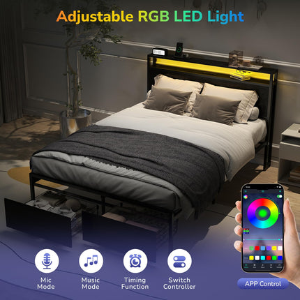 Full Bed Frame with 2 Storage Drawers, Bed Frame Full Size with Headboard, LED Light, Charging Station with 2 USB Ports & 2 AC Ports, Noiseless, Black