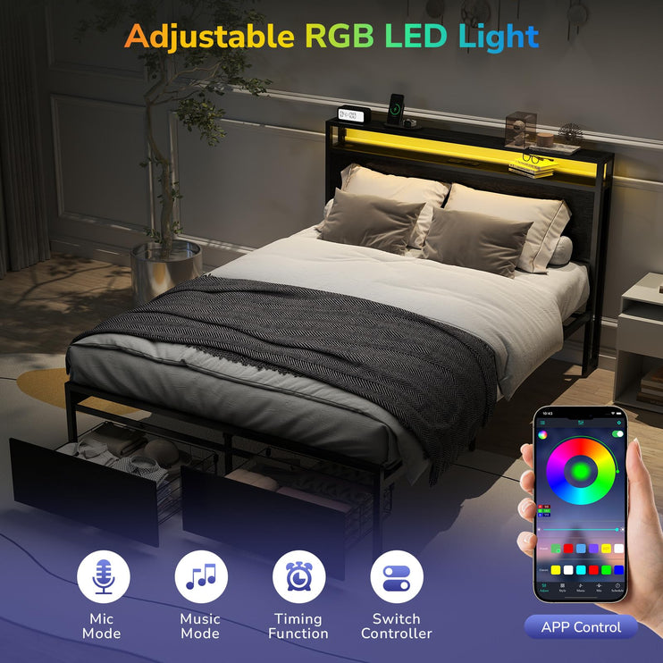 Full Bed Frame with 2 Storage Drawers, Bed Frame Full Size with Headboard, LED Light, Charging Station with 2 USB Ports & 2 AC Ports, Noiseless, Black