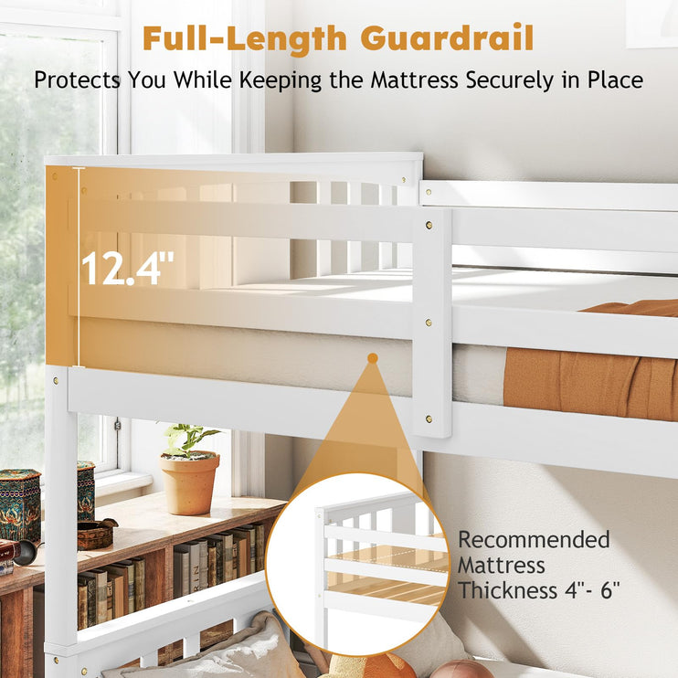 Wooden Low Bunk Bed Twin Over Twin, Solid Pine Bed Frame with Built-in Ladder, Convertible Bed Frame That Separates into 2 Twin Beds, Floor Bunk Bed for Small Spaces, Bedroom, White