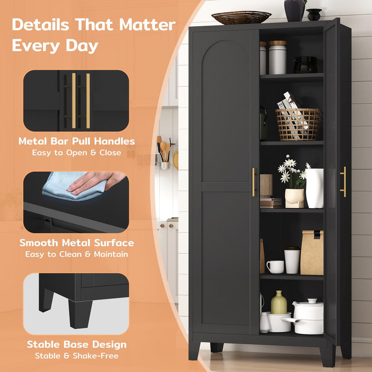 70.87" H Metal Kitchen Pantry Cabinet, Freestanding Cupboard with 2 Doors and 4 Adjustable Shelves, Tall Metal Storage Cabinet for Kitchen, Bathroom, Dinning Room or Laundry Room （Black）
