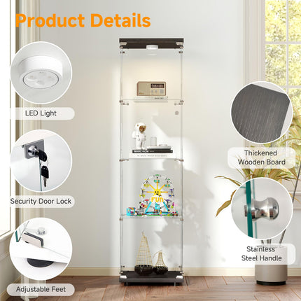 Tempered Glass Display Cabinet with Lights, 4-Tier Curio Cabinet with Glass Doors and Lock, Glass Display Case for Collectibles, for Living Room, Office, Bedroom, Single Door, Black