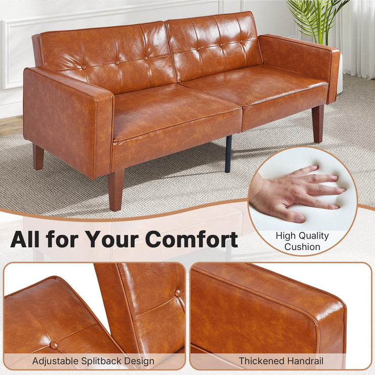 Futon Sofa Bed Futon Couch Loveseat, Convertible Recliner Lounge with Adjustable Backrest, Foam and Spring Cushions for Living Room Apartment Office, PU Leather, Brown