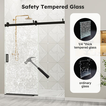 56"-60" W x 76" H Shower Door, Frameless Sliding Shower Glass Door with 1/4" (6mm) Clear Tempered Glass, Noiseless & Shatterproof Shower Door, Reversible Installation, Black