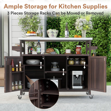 Outdoor Grill Cart with Storage Space, Stainless Steel Tabletop Outdoor Kitchen Island, Fir Wood Outdoor Buffet Cabinet with Lockable Casters for Grilling, Brown
