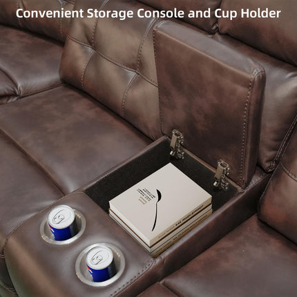 Power Leather Reclining Sofa with LED, Leather Couch with USB Port & Cup Holder/Storage Console for Living Room, Modern Power Recliner Sofa Sets with 2 Recliner Sectional, Brown
