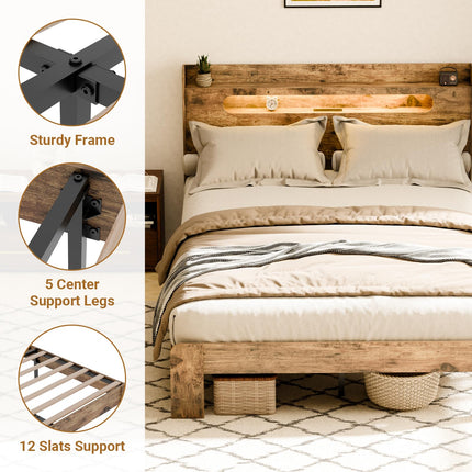 Queen Platform Bed Frame with Headboard, LED Bed Frame Queen with Charging Station, 2 USB Ports & 2 AC Outlets, Sturdy Wood Framework, Noiseless, Rustic Brown (Arc Edge Rectangular Slot)