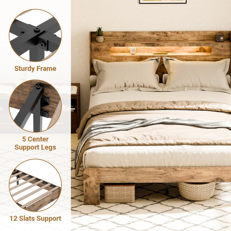 Queen Platform Bed Frame with Headboard, LED Bed Frame Queen with Charging Station, 2 USB Ports & 2 AC Outlets, Sturdy Wood Framework, Noiseless, Rustic Brown (Arc Edge Rectangular Slot)