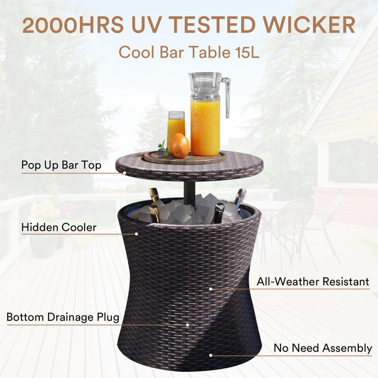 5 Piece Rope Patio Furniture Set, All-Weather Conversation Sets for Backyard with Handwoven Armchairs, Ottomans, Pop-Up Cool Bar Wicker Table, Beige