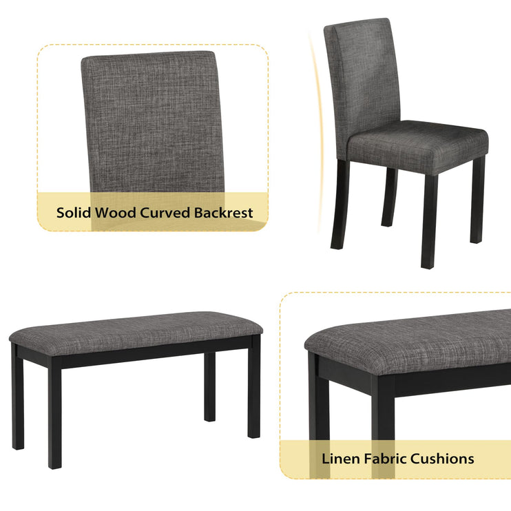 6-Piece Solid Wood Dining Table Set, Including 1 Dining Table, 4 Upholstered Chairs and 1 Bench, Wooden Legs Dining Table Set for Dining Room, Kitchen, Restaurant, Dark Grey