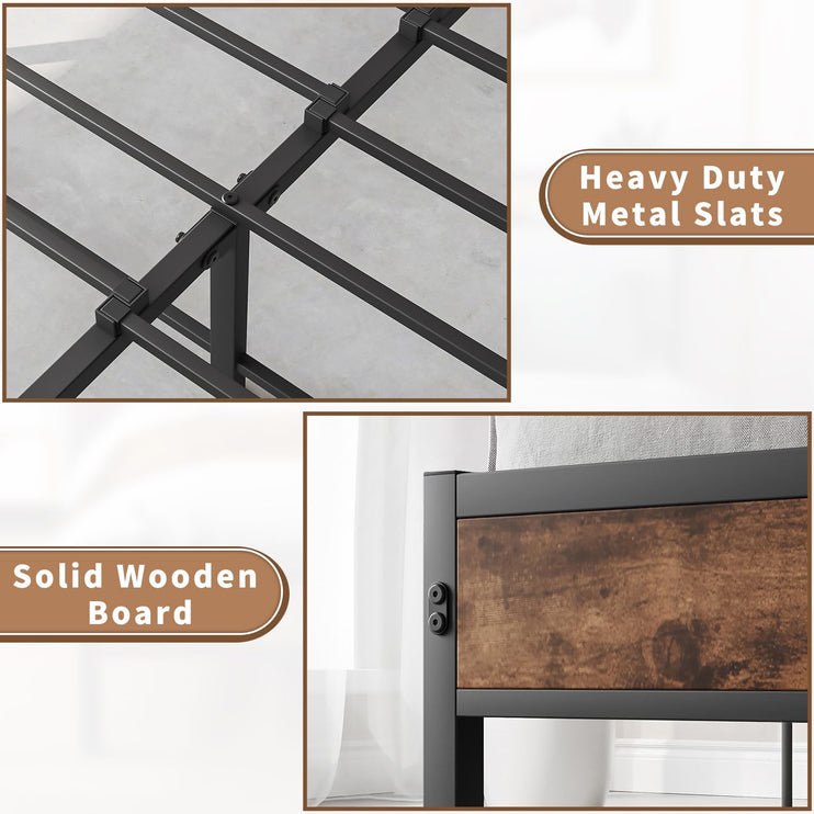 Queen Size Bed Frame with Headboard & Charging Station, Queen Upholstered Headboard with Storage Shelf, Heavy Duty Metal Platform Bed Frame, No Box Spring Needed, Easy Assembly